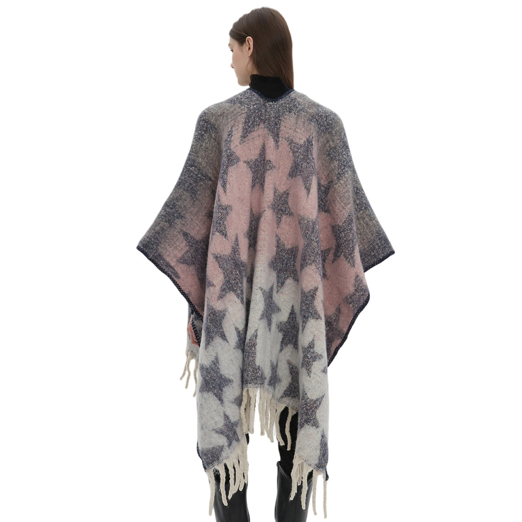 2025 new European and American autumn and winter imitation mohair double-sided thickened jacquard five-pointed star cross shawl