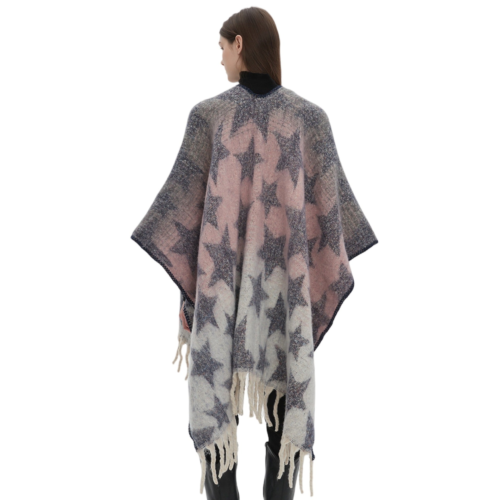 2025 new European and American autumn and winter imitation mohair double-sided thickened jacquard five-pointed star cross shawl