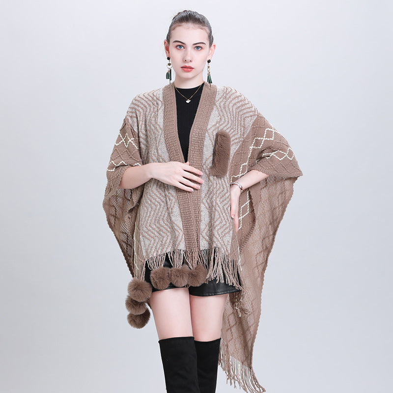 European and Korean autumn and winter new fashion multi-purpose scarf shawl hairball knitted cardigan shawl cape 0993 #