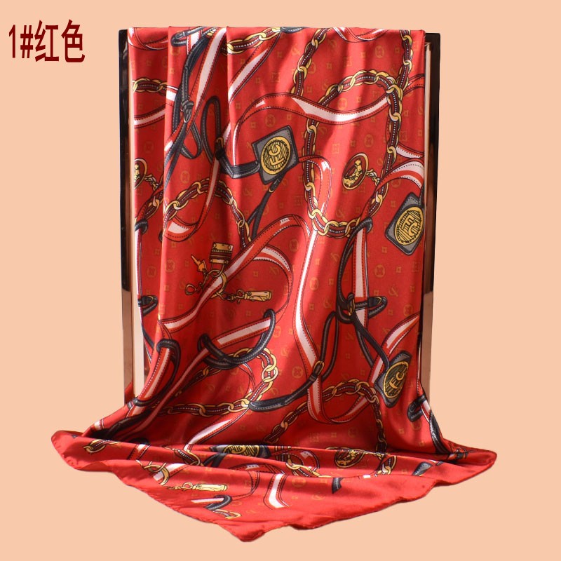 2025 new 90cm satin chain belt printed square scarf with sunscreen bag head silk scarf decorative scarf