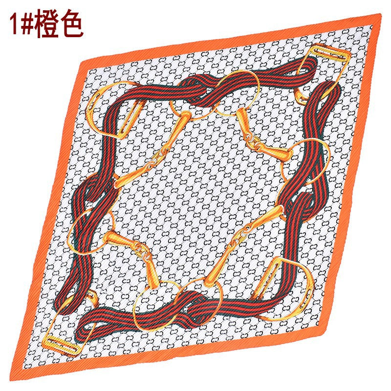 New French chain ring pattern printed pleated 90-color large square towel, head towel simulation silk