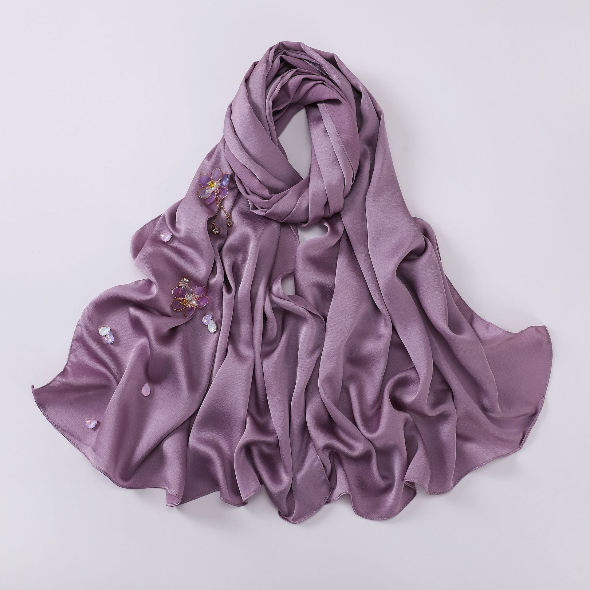 New bubble chiffon hand-sewn flower scarf Chinese wind point diamond yarn Malaysian headscarf hijab