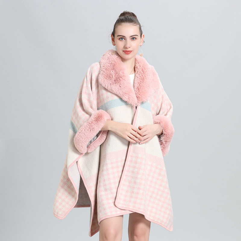 Autumn and winter new cape large size loose imitation fur collar jacquard knitted cardigan cape shawl woolen coat 0965 #