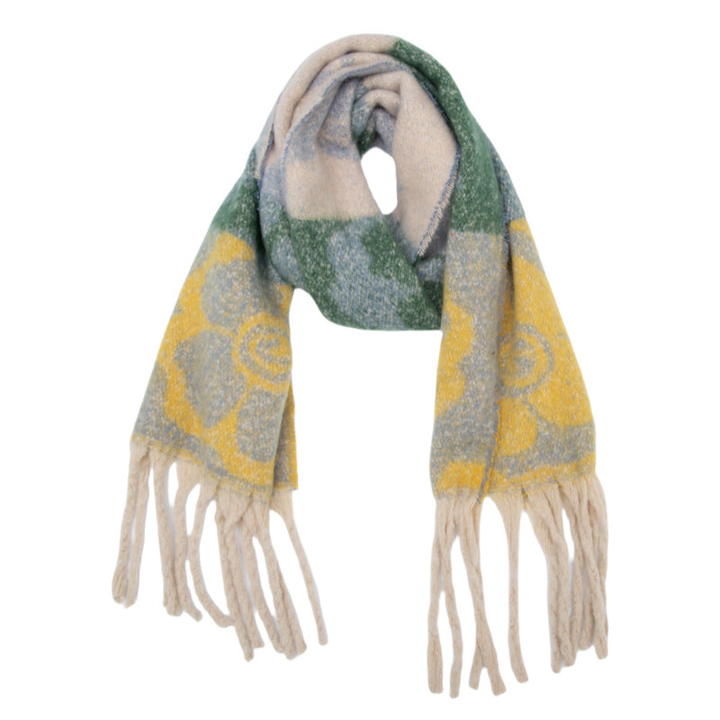 European, American autumn and winter new loop yarn imitation mohair jacquard four-leaf flower scarf