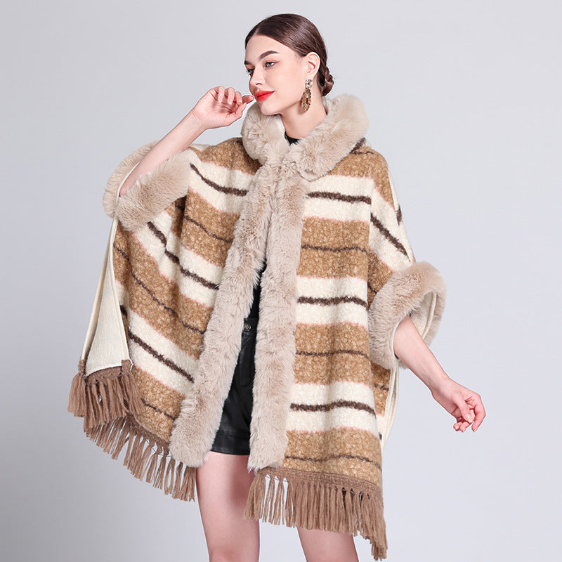 Europe, America, autumn and winter new woolen coat fur collar hooded plush thickened warm fashion fringed cape shawl outside