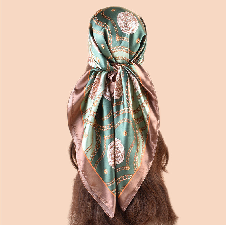 Spring and summer scarf chain flower printing versatile decorative scarf headscarf silk scarf 90 high-quality satin square scarf