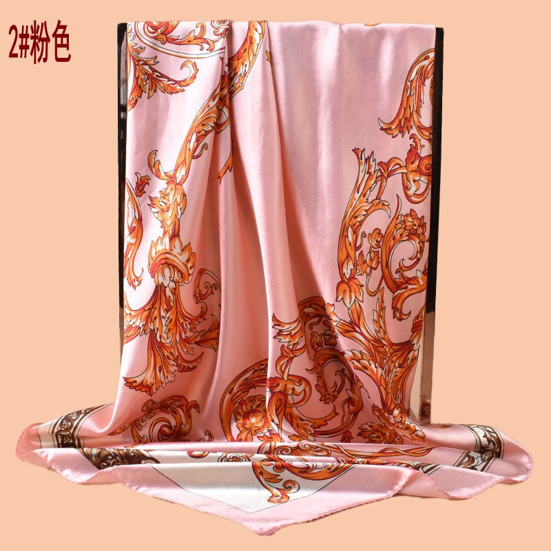 2025 new 90cm-satin flower vine printed square scarf with sunscreen, head silk scarf decorative scarf