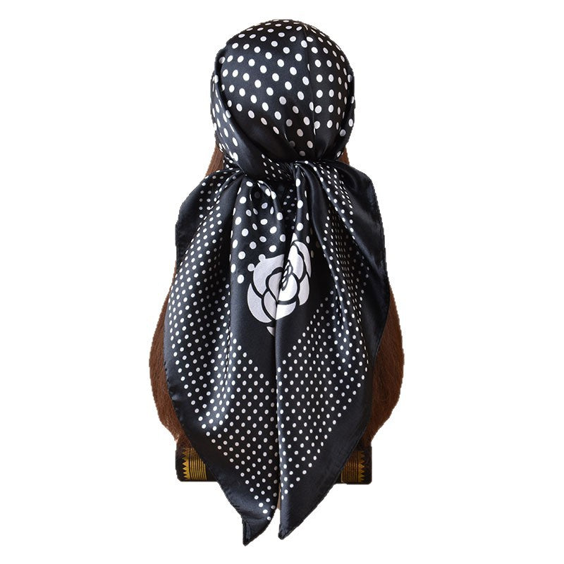 2025 new 90cm-satin polka dot flower versatile printed square scarf with sunscreen, bag head silk scarf decoration, scarf