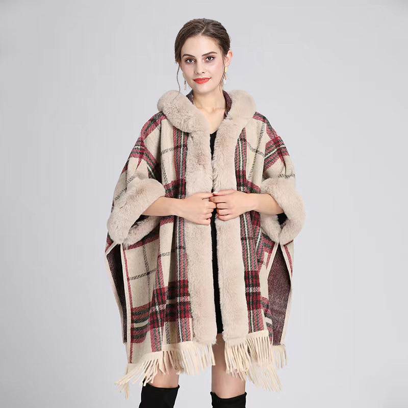 European and American large size coat fur collar plaid hooded fringed cape shawl knitted shawl cardigan 1534