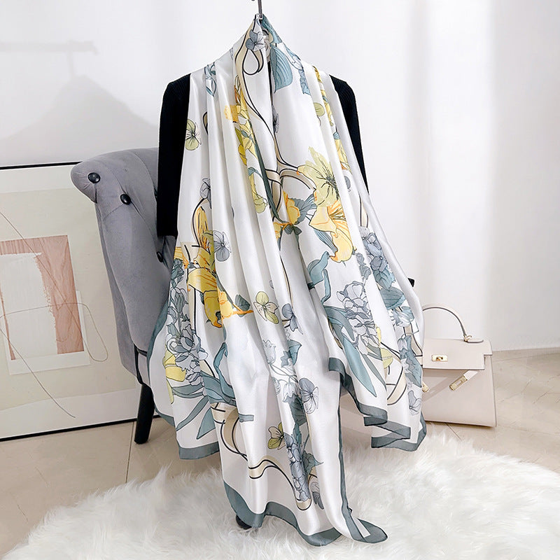 Stylish and elegant plant flower flower print long silk scarf, sweet and fresh literary girl with shawl