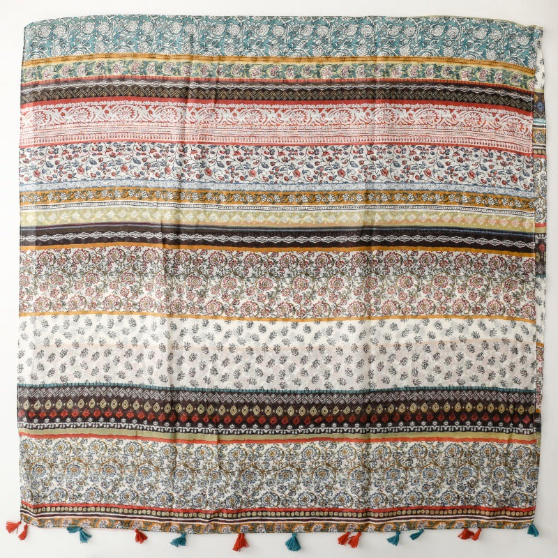 Cotton and linen feel scarf small fresh resort style geometric bohemian fringed silk scarf shawl