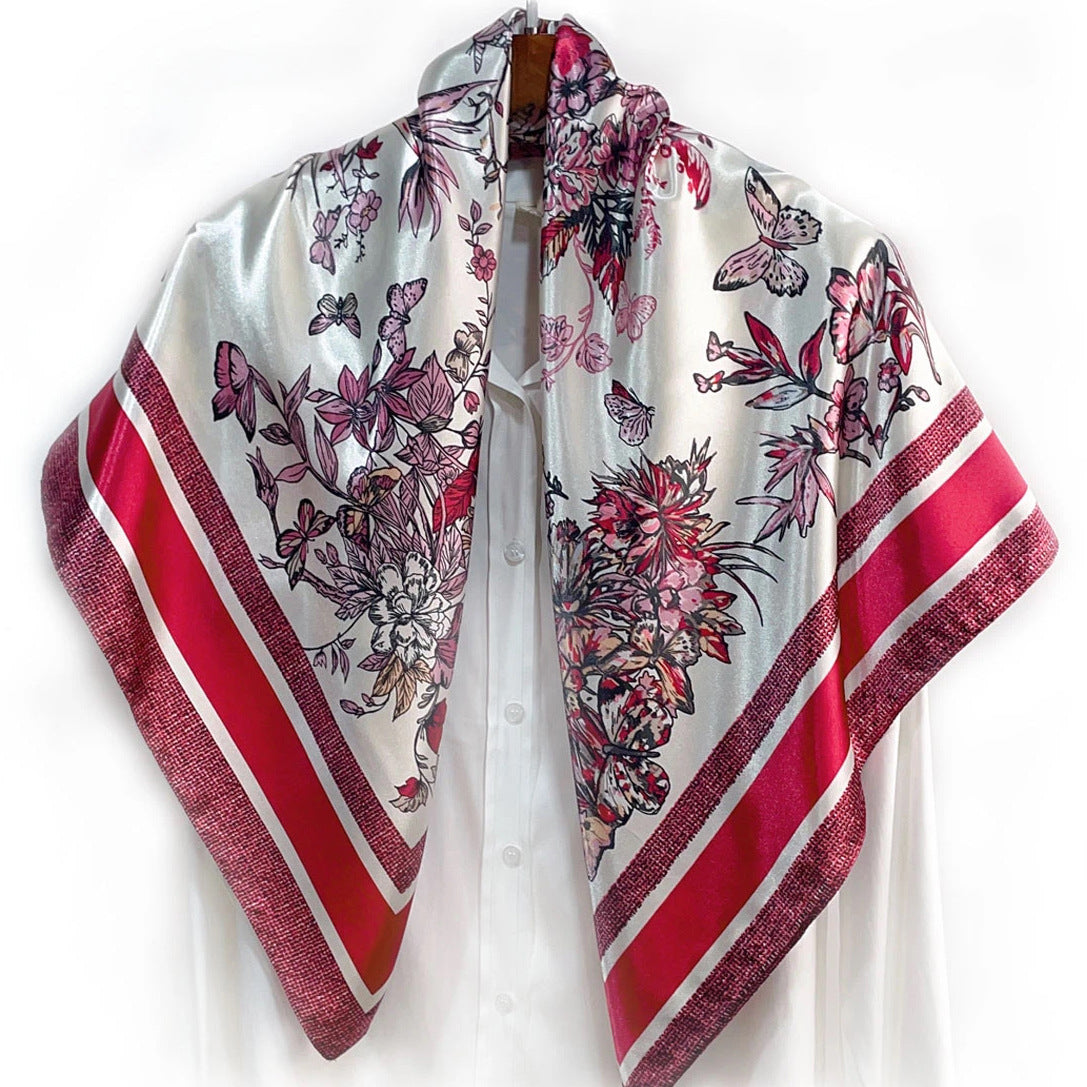 Elegant temperament women's decorative scarf, imitation silk satin plant flower flower printed silk scarf, bag head square scarf