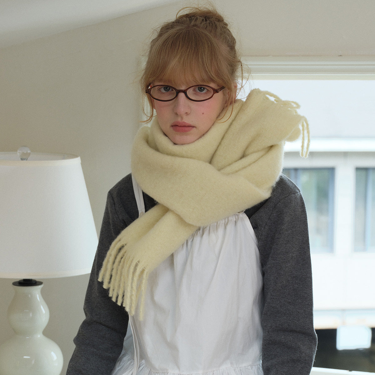 25% wool blended brushed solid color scarf women's Korean tassel thickened Icelandic blue soft scarf shawl