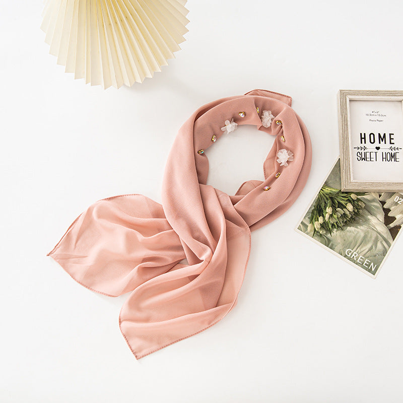 New Pearl Chiffon Three Resin Flower Scarf Headscarf Middle East and Africa 90CM Square Scarf