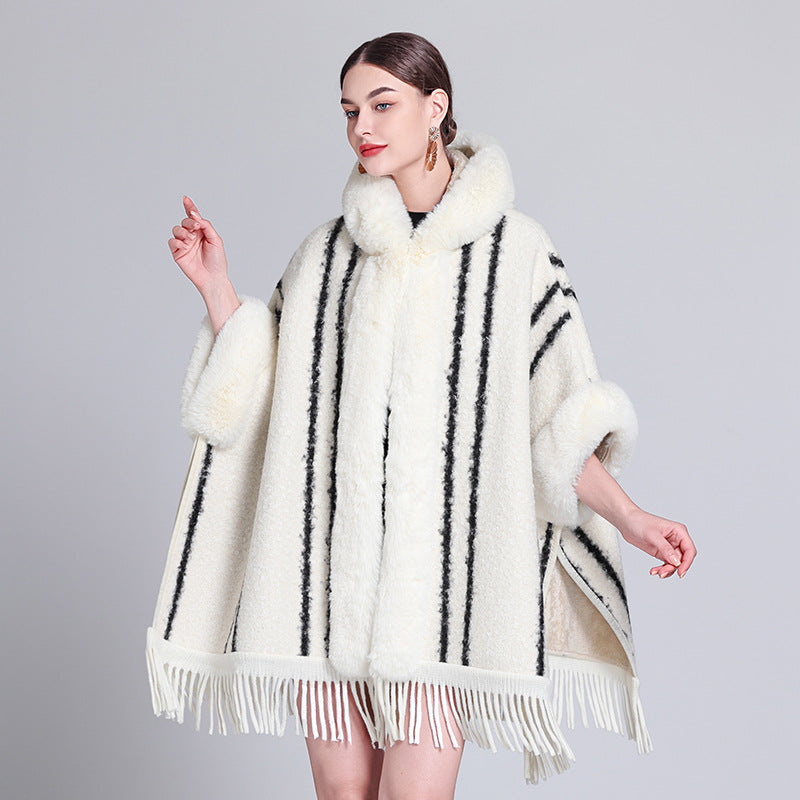 Europe, America, autumn and winter new woolen coat fur collar hooded plush thickened warm fashion fringed cape shawl outside