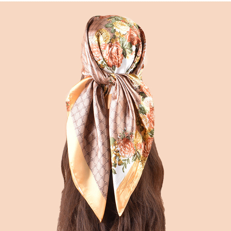 Spring and summer scarf temperament floral printing versatile decorative scarf headscarf silk scarf 90 high-quality satin square scarf