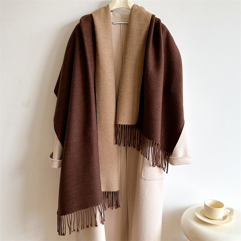 Simple solid color imitation cashmere scarf men's and women's winter thickened warm double-sided two-color versatile fringed shawl core-spun yarn
