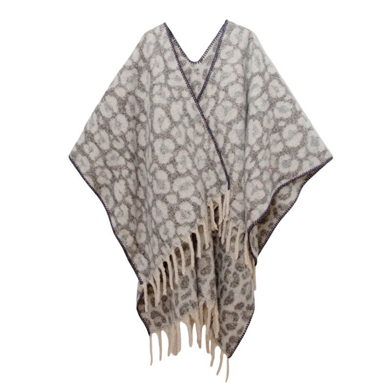 European, American autumn and winter circle yarn imitation mohair thickened jacquard leopard print fringed cross shawl