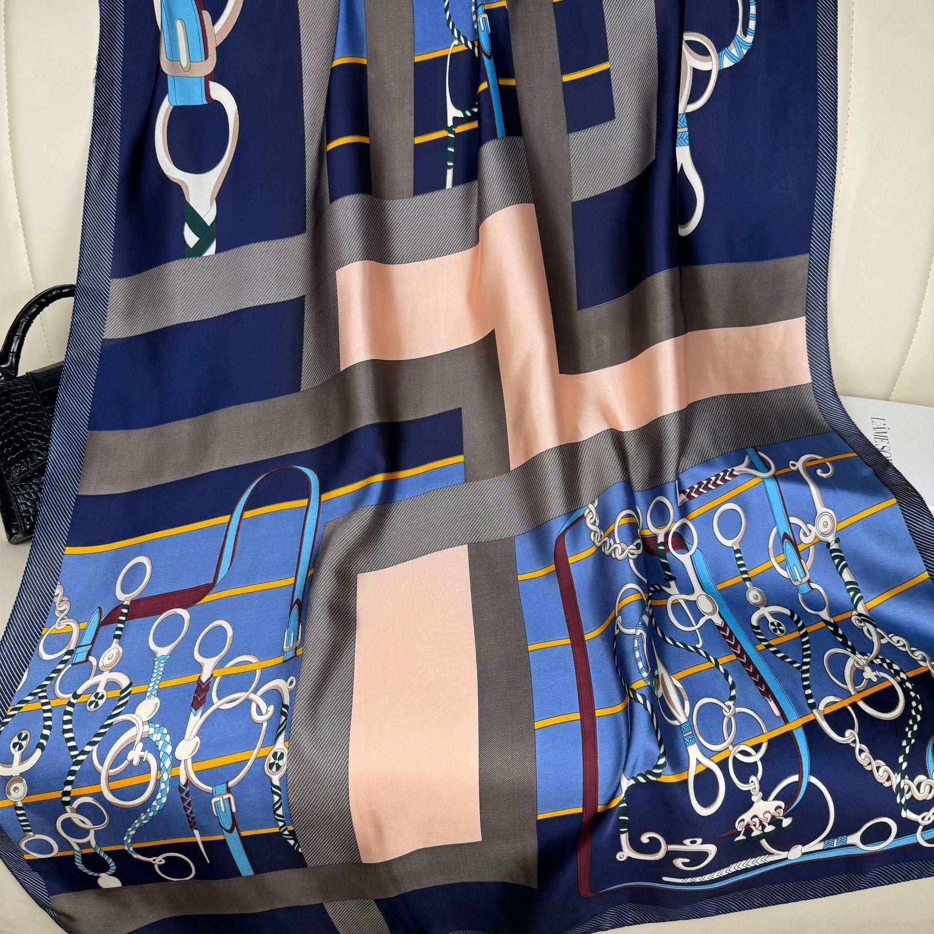 European and American fashion belt chain printed beautiful brocade long silk scarf, Korean version geometric color matching temperament women's vacation shawl