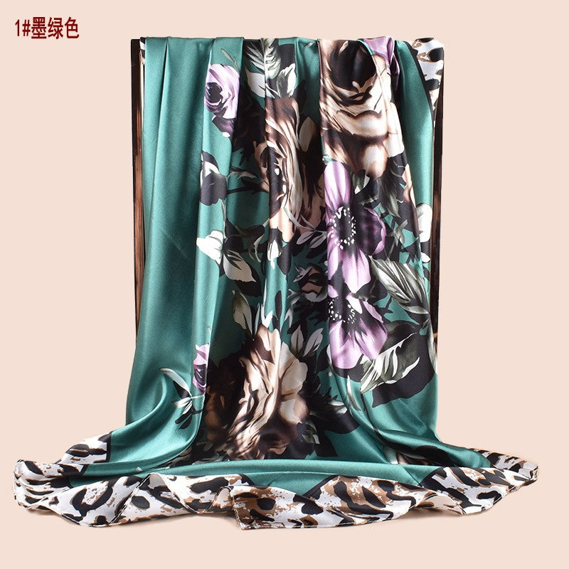Spring new large shawl simulation silk leopard print rose printing silk scarf head scarf 90-color large square scarf