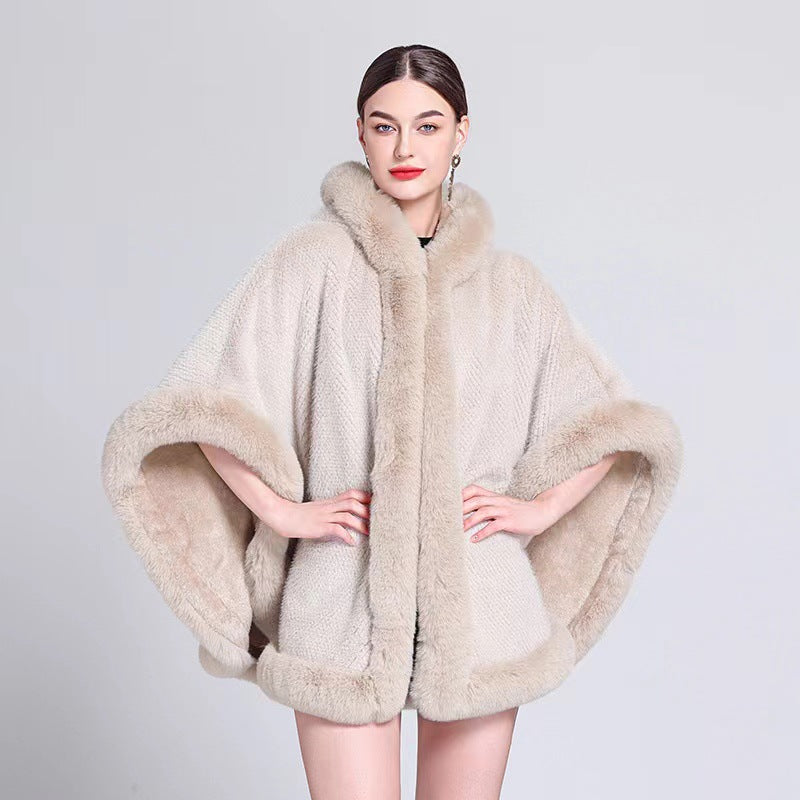 Europe, America, autumn and winter new fashion shawl outer cape piled thickened imitation fur fur collar cape shawl coat women