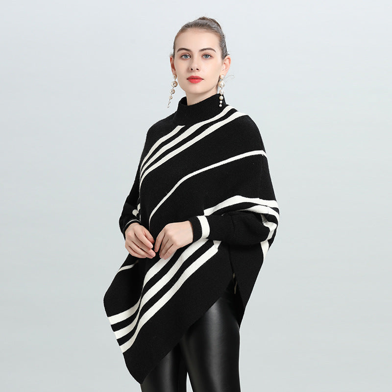 Autumn and winter new irregular striped semi-turtleneck bat sleeve pullover knitted sweater cape women 0950 #