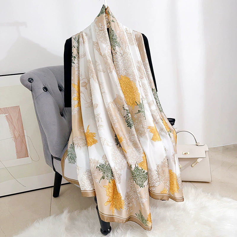Stylish and elegant plant flower flower print long silk scarf, sweet and fresh literary girl with shawl