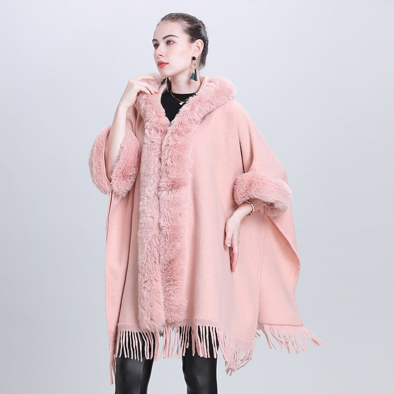 European and American large size coat fur collar plaid hooded fringed cape shawl knitted shawl cardigan 1534