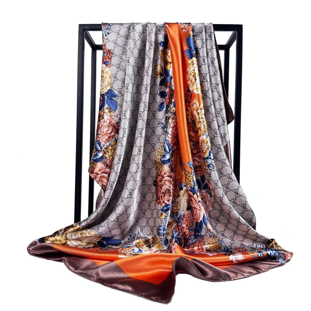 Temperament simple and elegant bow flower print silk scarf 90cm square scarf, Indonesian national bag head scarf scarf scarf