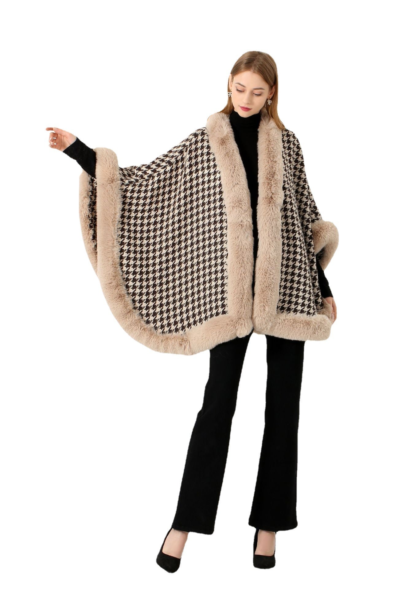 Autumn and winter new imitation Rex rabbit hair oversized fur collar thousand bird plaid woolen shawl scarf cape jacket women's cape 018 #