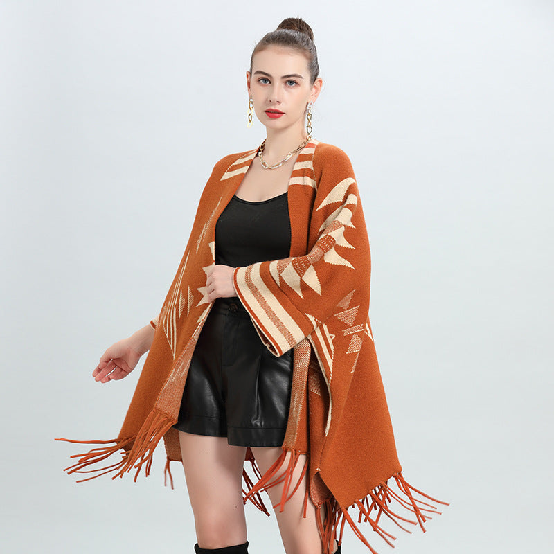 Autumn and winter new large size loose medium and long jacquard knitted cardigan fringed shawl jacket women 0916