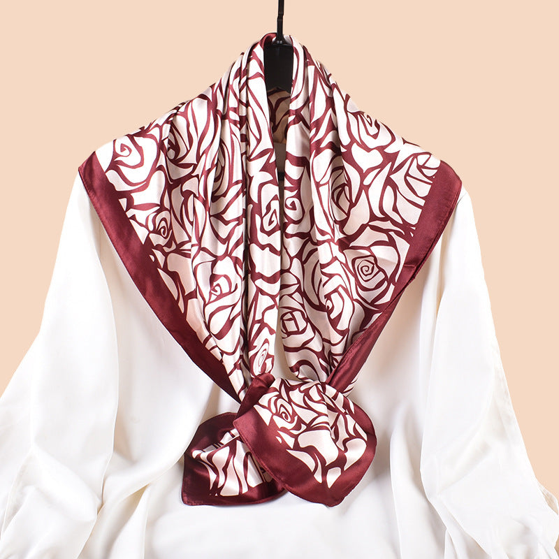Spring and summer retro rose versatile decorative scarf silk scarf printed 90cm high-quality satin large square scarf scarf