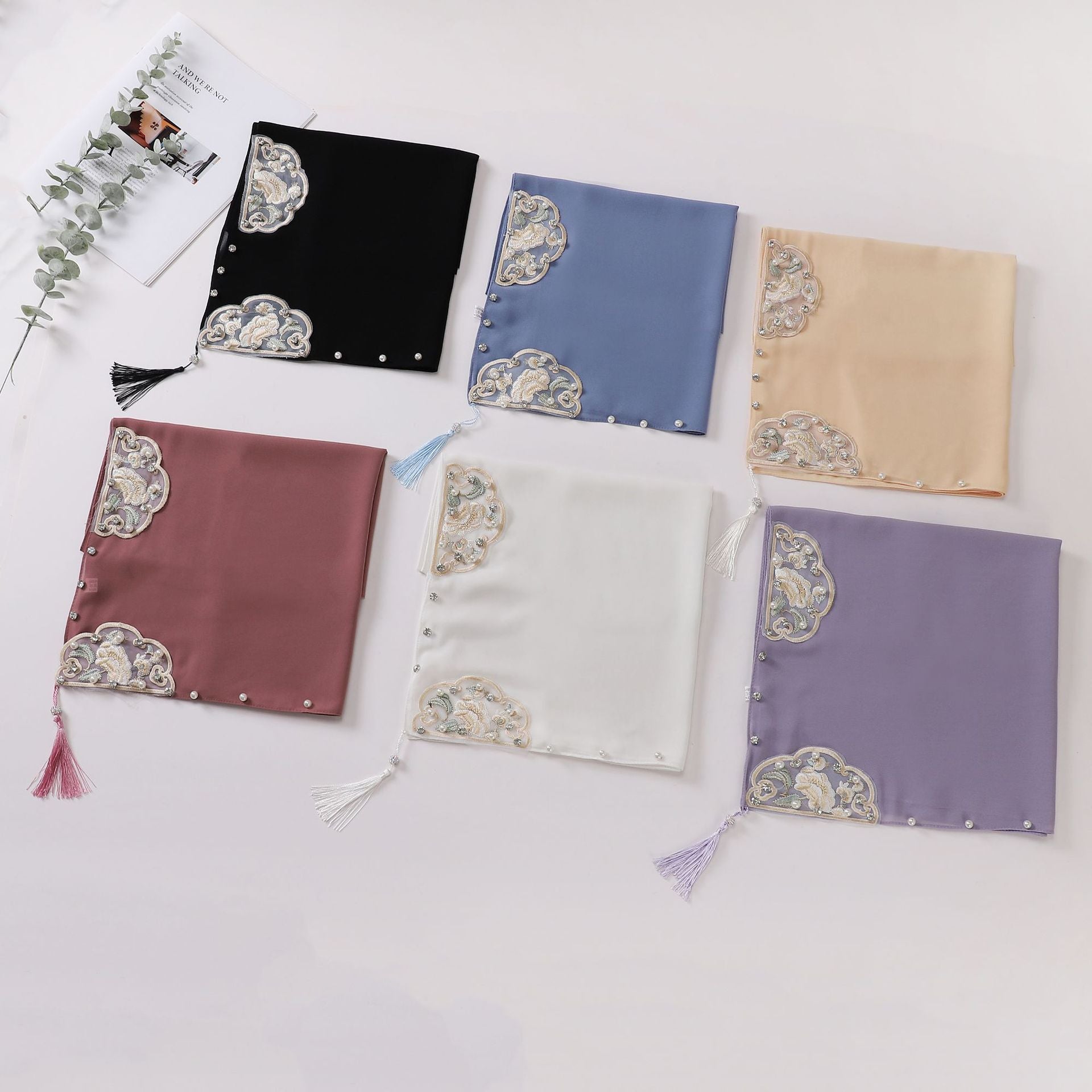 New pearl chiffon national style embroidered square scarf high-grade diamond fringed yarn