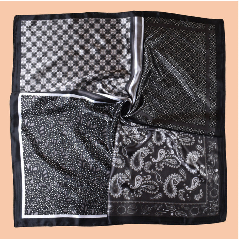 2025 new 90-satin combination pattern versatile printed square scarf with sunscreen, bag head silk scarf decoration, scarf