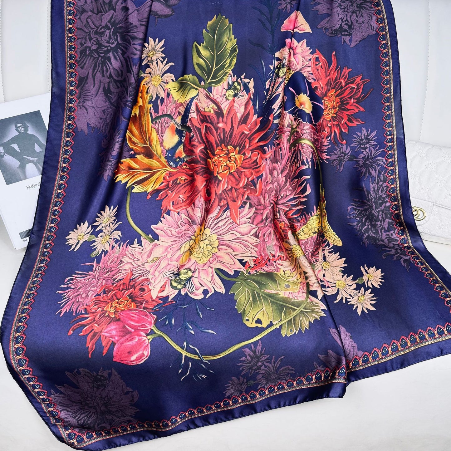 Literary retro flower beautiful brocade long silk scarf, elegant temperament mother lady decorative shawl scarf