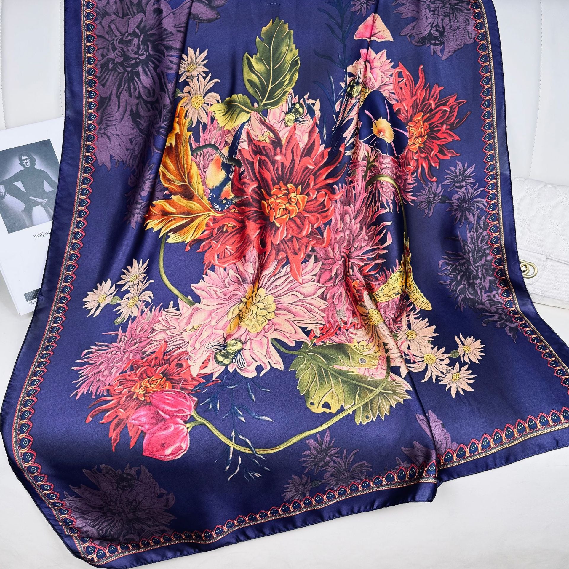 Literary retro flower beautiful brocade long silk scarf, elegant temperament mother lady decorative shawl scarf