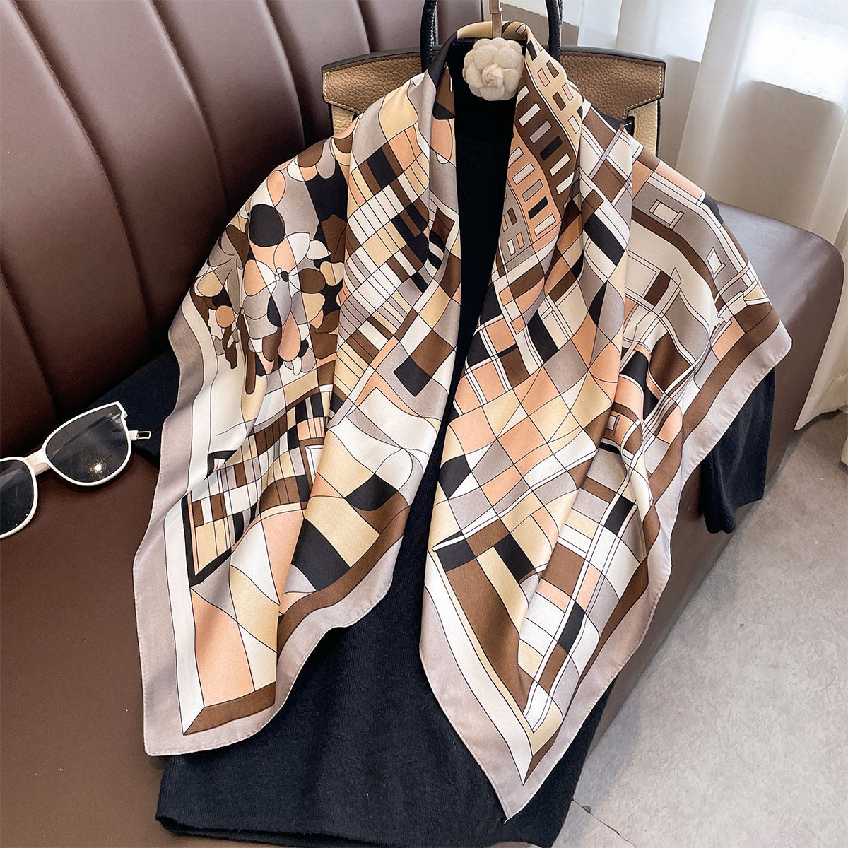 New geometric flower 90 twill large square scarf fashion printing imitation silk windproof shawl headscarf women