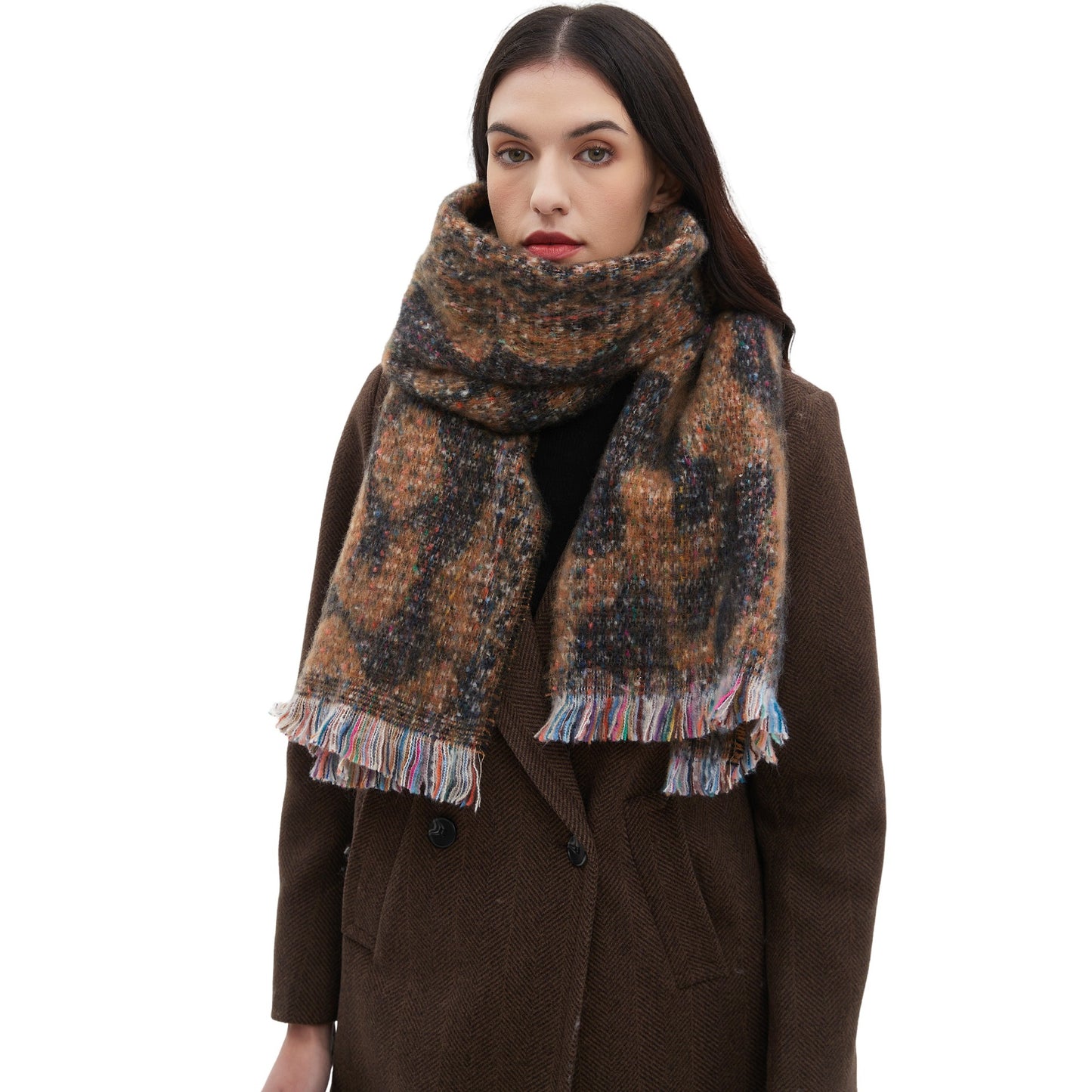 2025 new scarf European, American autumn and winter men and women's jacquard short beard clip flower leopard print scarf