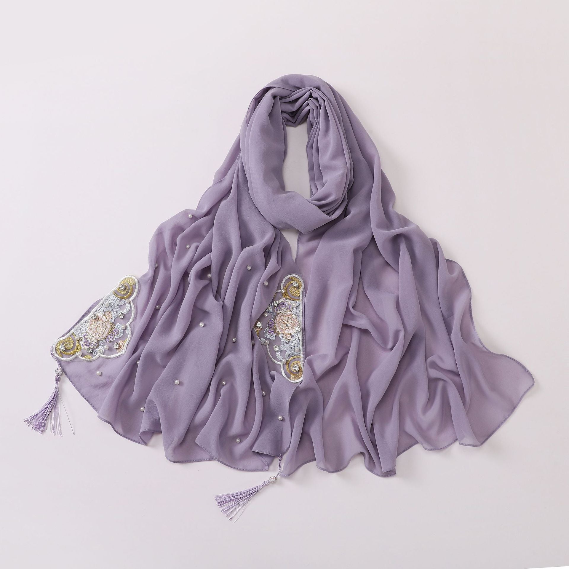 New pearl chiffon embroidered scarf diamond Tassel Shawls Middle East and Africa headscarf
