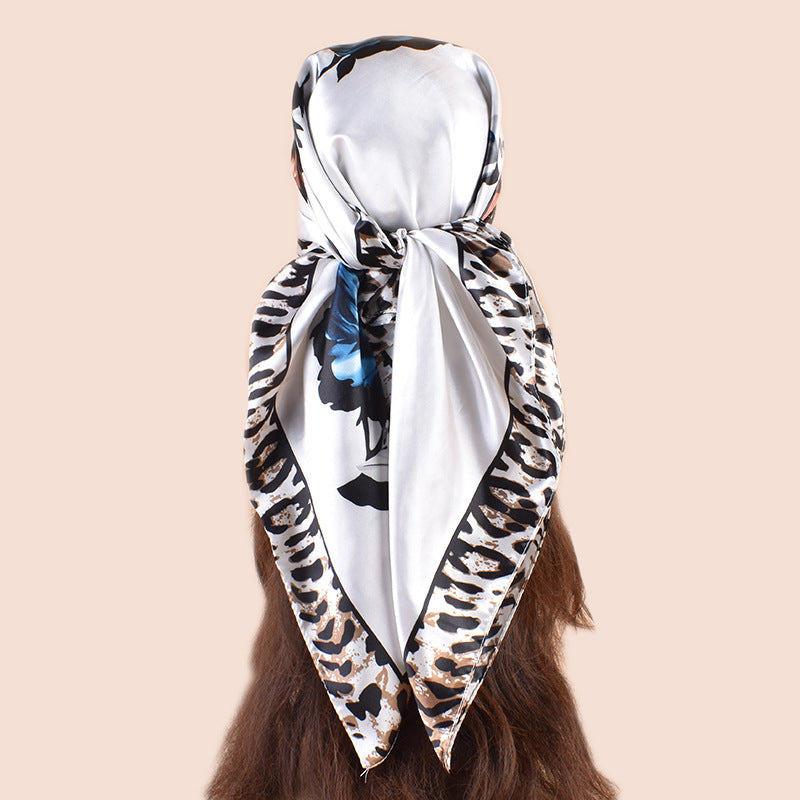 Spring new large shawl simulation silk leopard print rose printing silk scarf head scarf 90-color large square scarf