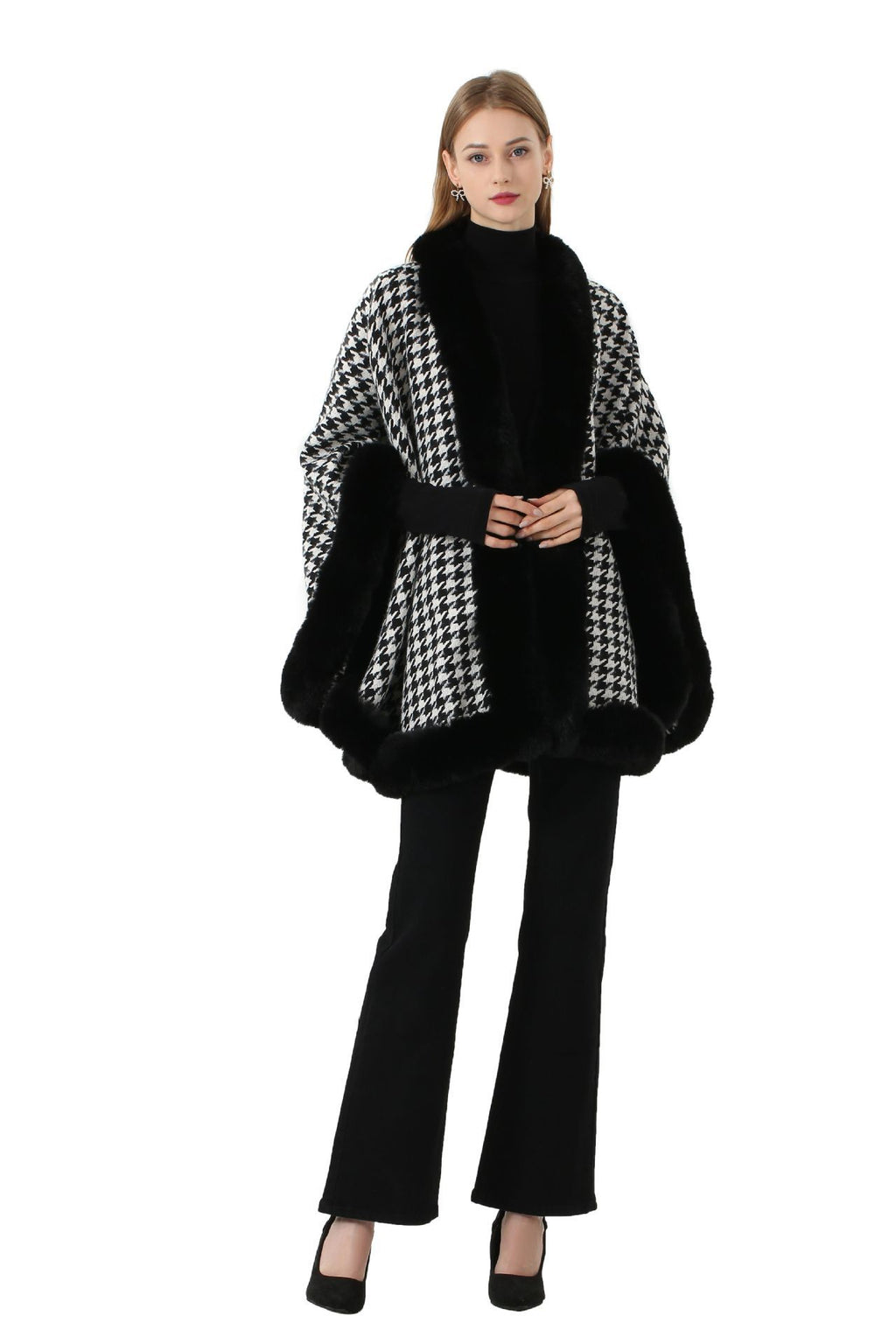 Autumn and winter new imitation Rex rabbit hair oversized fur collar thousand bird plaid woolen shawl scarf cape jacket women's cape 018 #