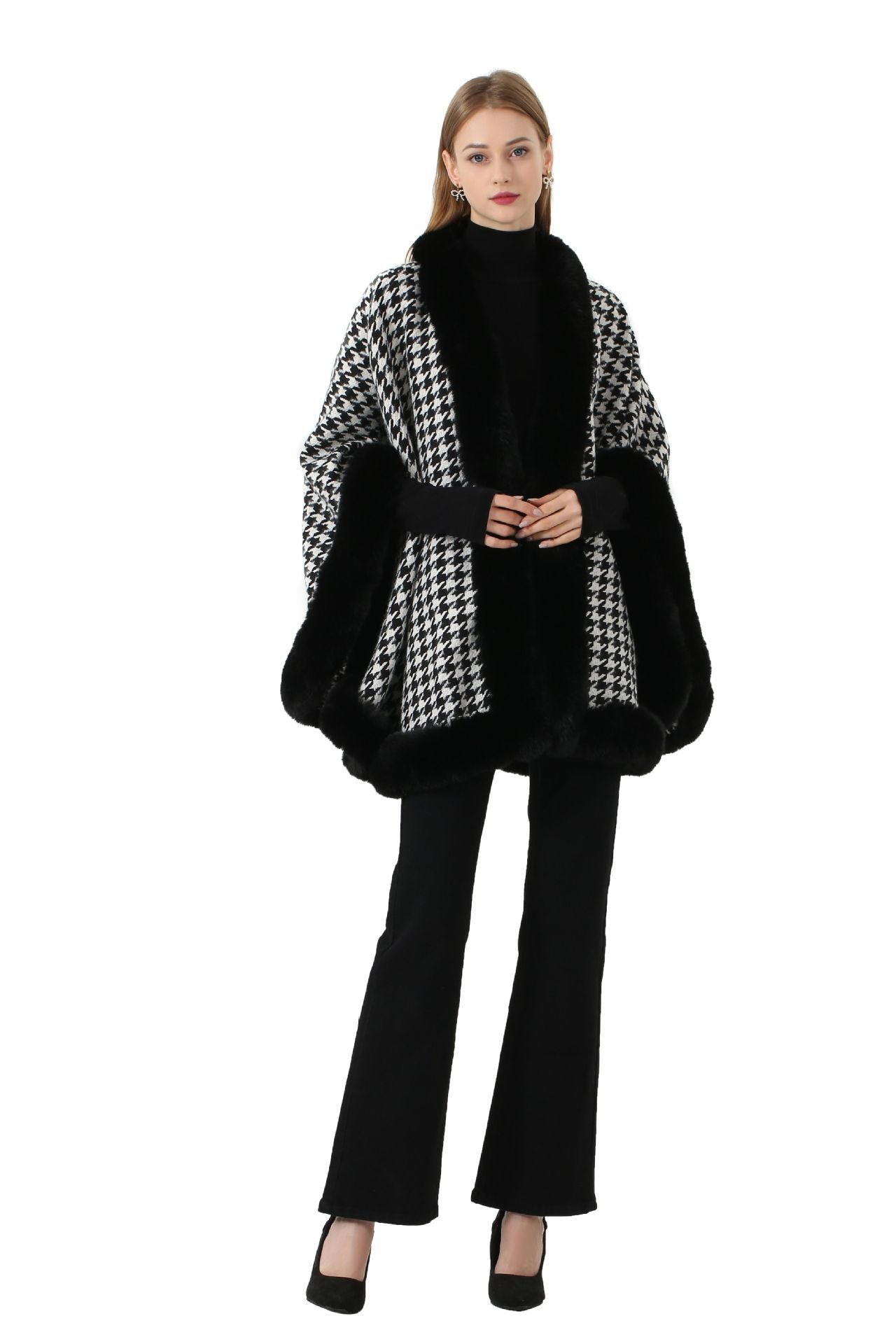 Autumn and winter new imitation Rex rabbit hair oversized fur collar thousand bird plaid woolen shawl scarf cape jacket women's cape 018 #