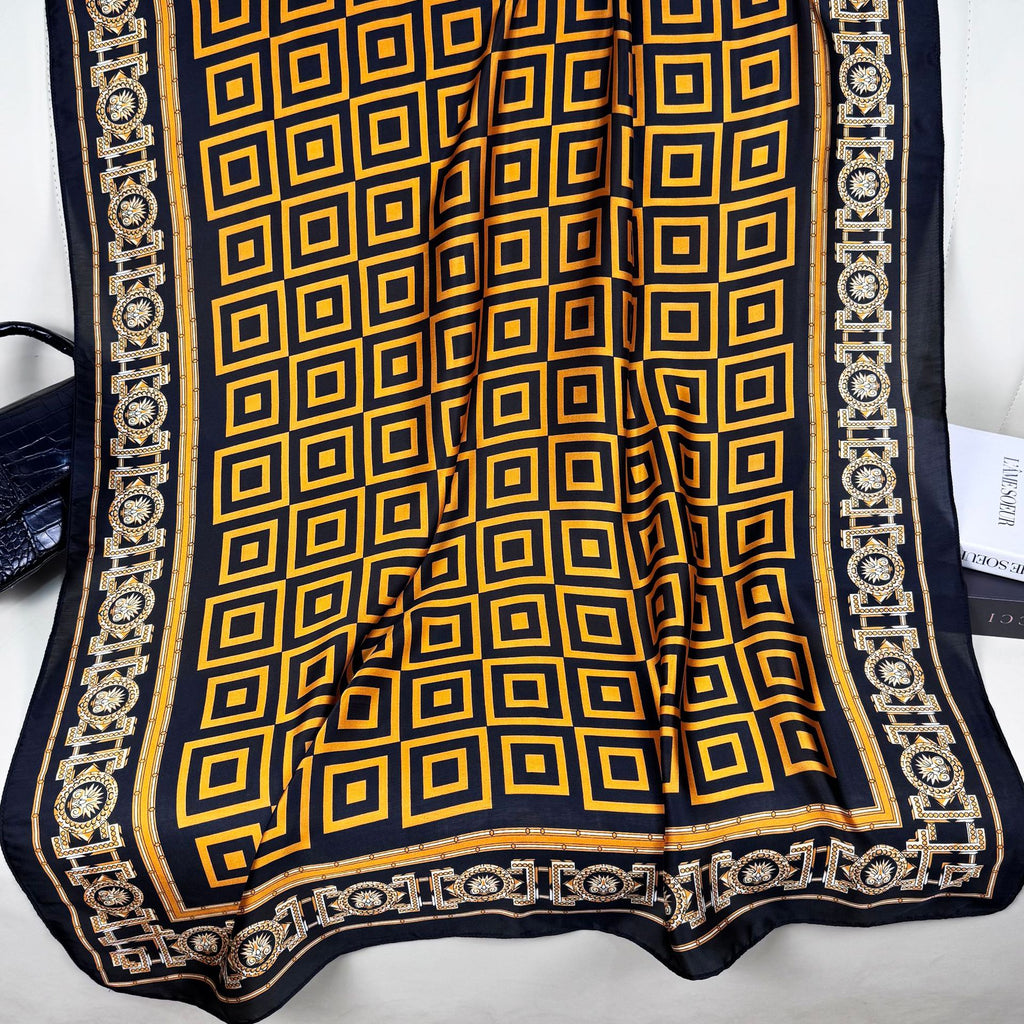 Spring new fashion versatile geometric return-shaped outer silk scarf, imitation silk women's travel and vacation sunscreen shawl