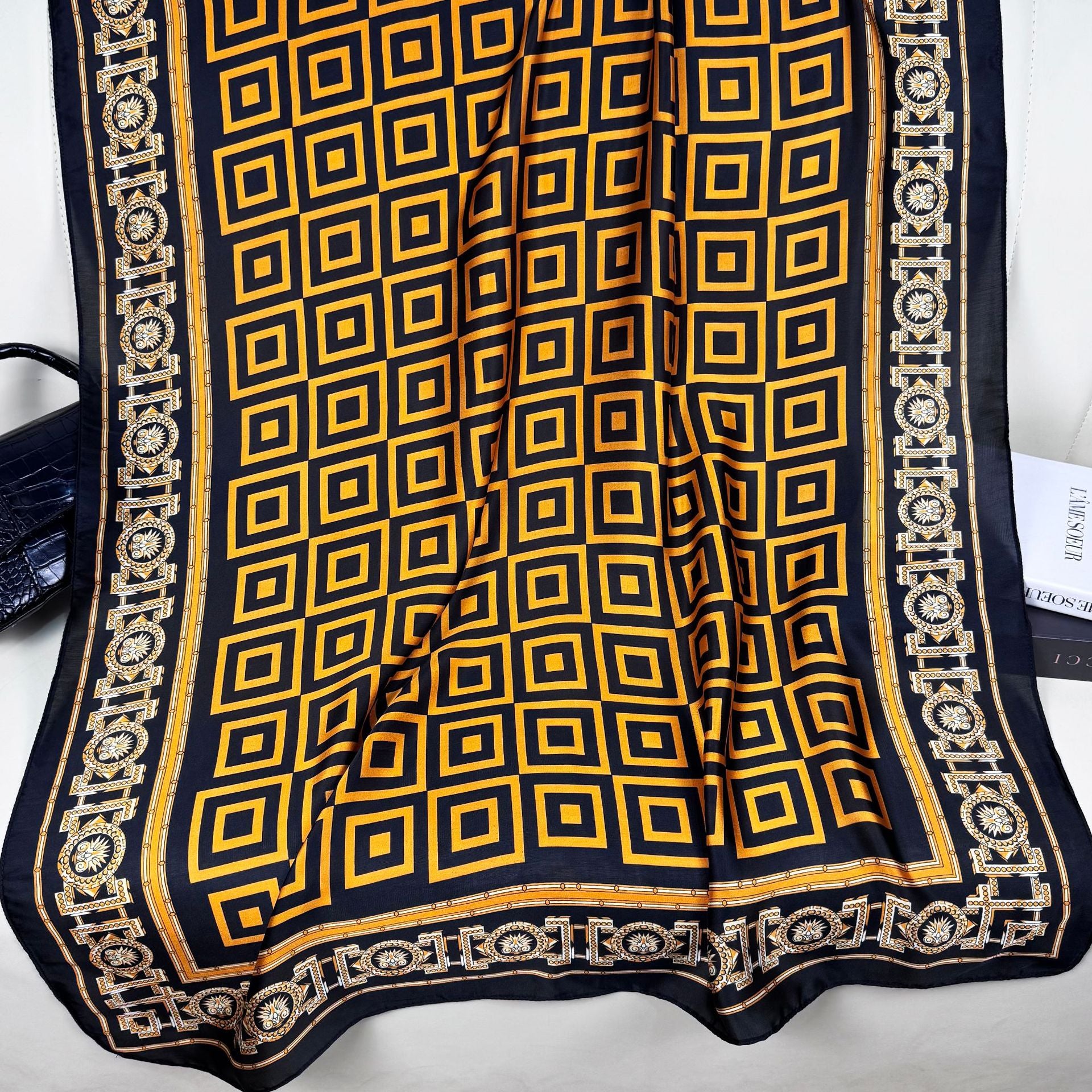 Spring new fashion versatile geometric return-shaped outer silk scarf, imitation silk women's travel and vacation sunscreen shawl