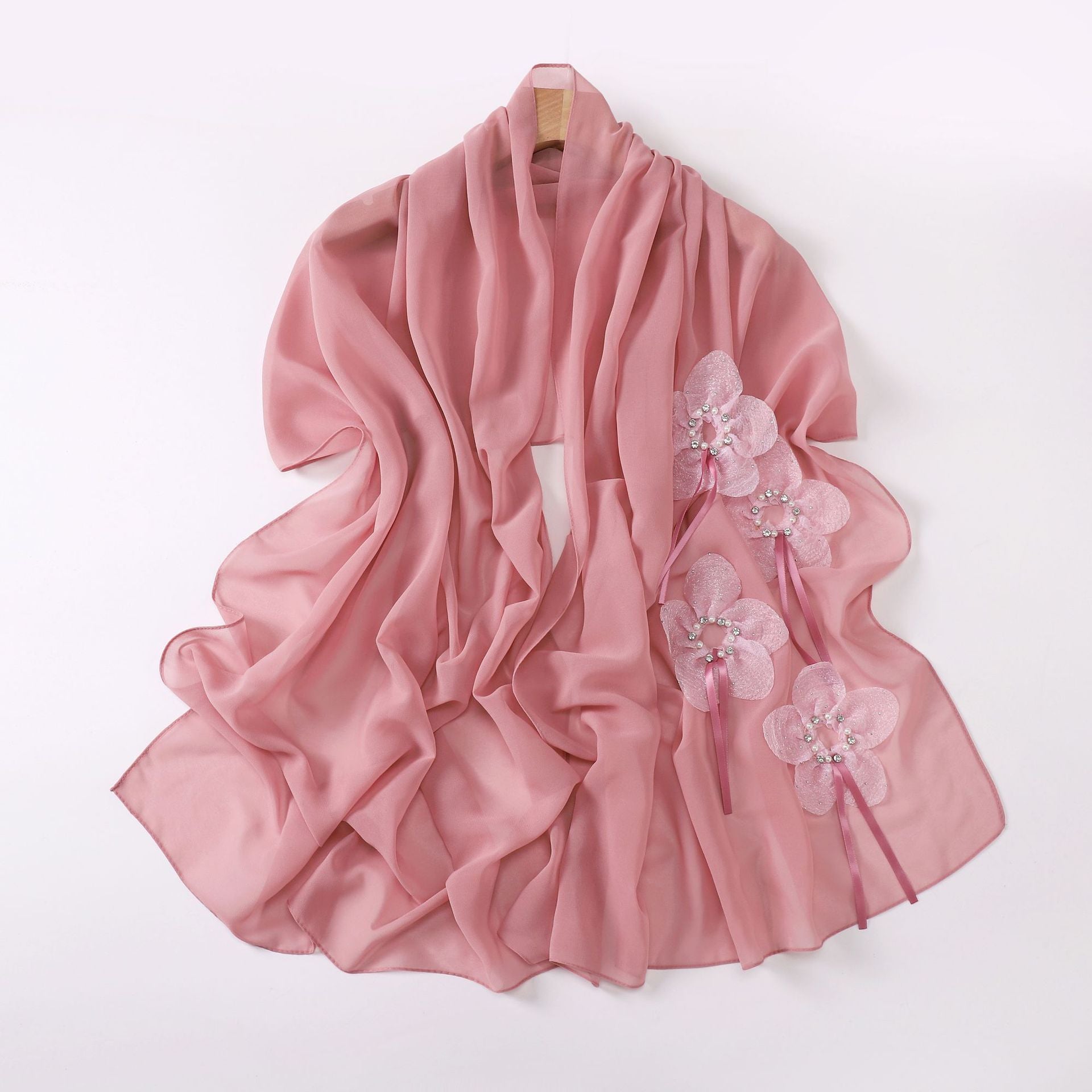 New Pearl Chiffon Handmade Sticky Flower Bead Nailed Drill Long Towel Yarn Middle East Malay Headscarf