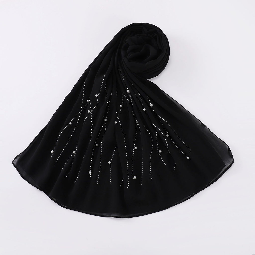 New 75D pearl chiffon long scarf single head hot diamond bead scarf gauze Middle East and Africa headscarf hijab