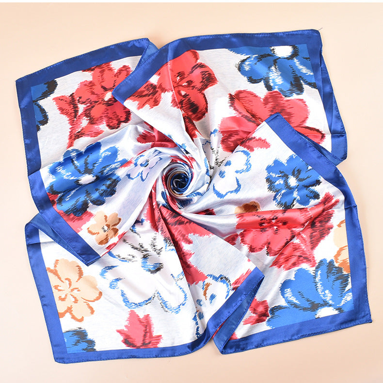 Spring new fashionable versatile large shawl imitation silk flower printing silk scarf head scarf 90-color square scarf