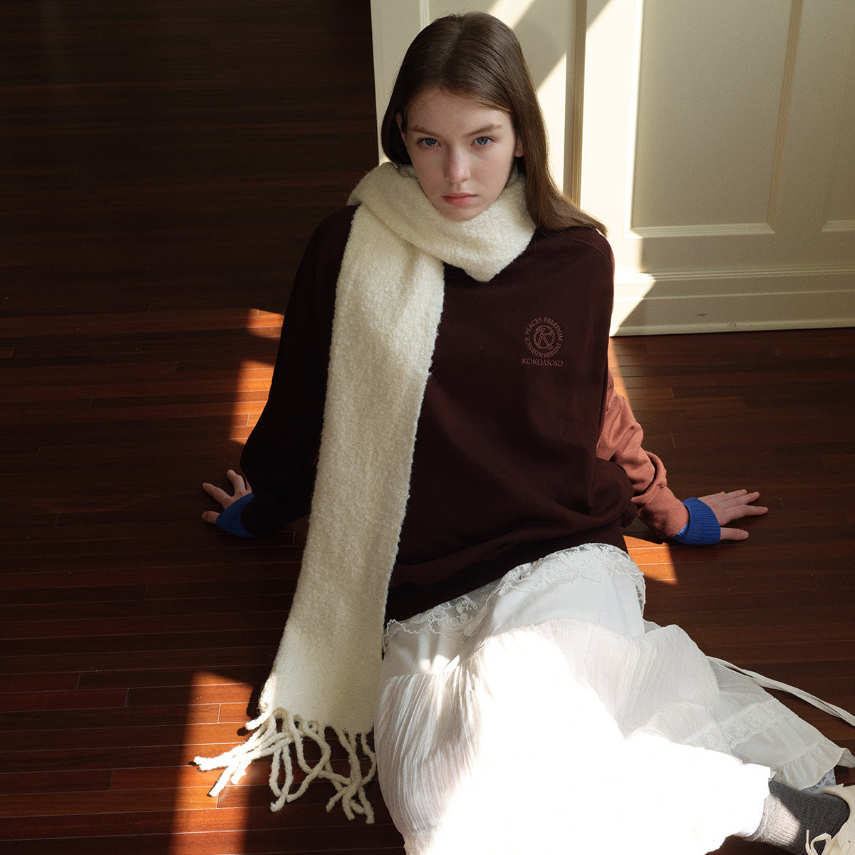 Korean designer 50% selection wool circle solid color fringed scarf women's winter atmosphere soft scarf