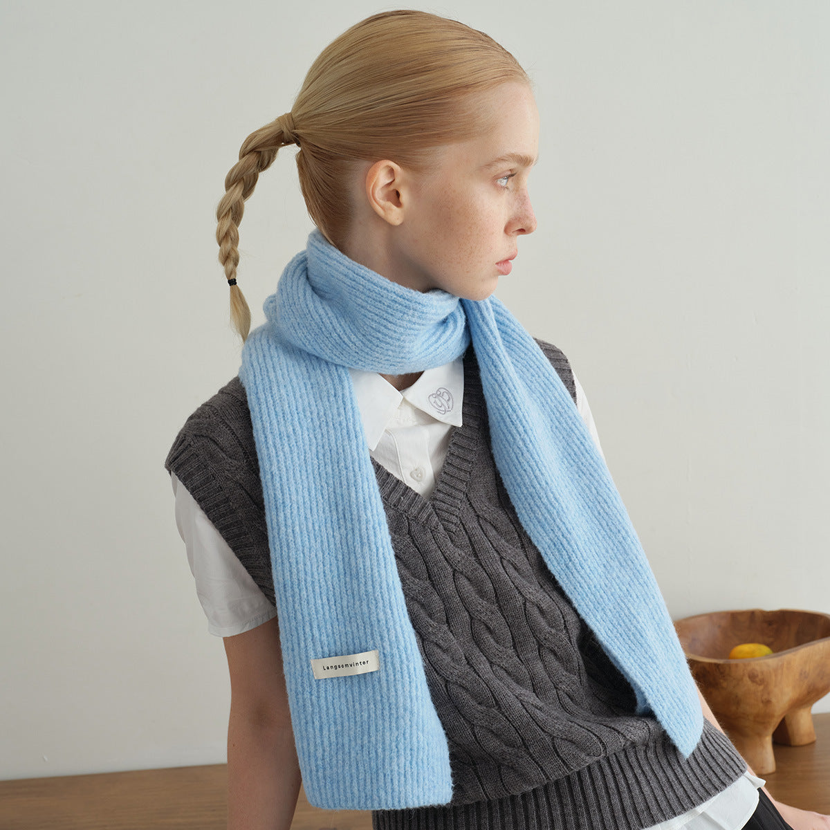 Wool blended solid color classic drawstring knitted scarf women's winter soft waxy Korean atmosphere wool scarf