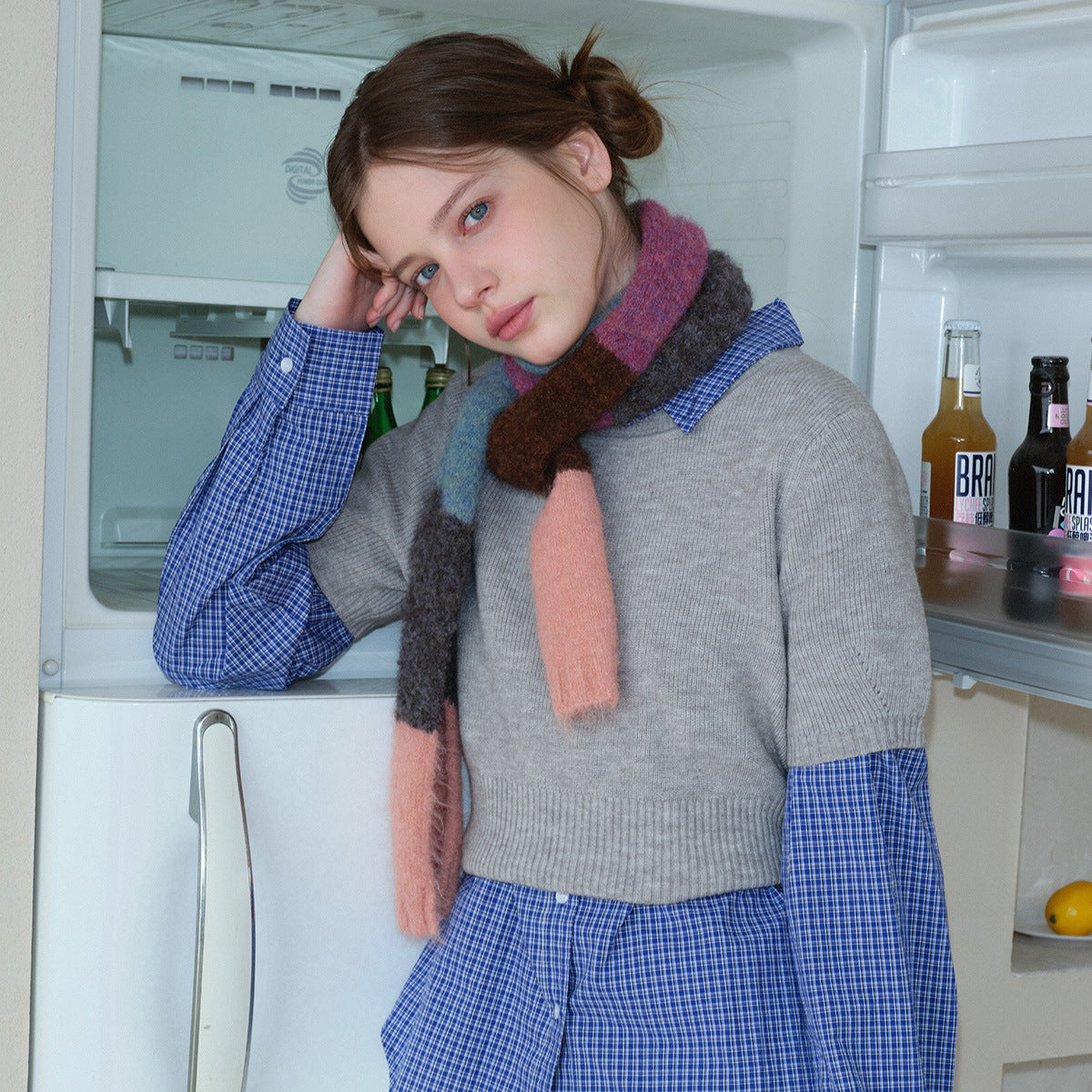 Niche color matching wool blended sausage knitted scarf women's early autumn concave shape y2k fine and narrow wool scarf